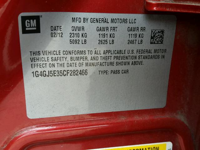 1G4GJ5E35CF282466 - 2012 BUICK LACROSSE T RED photo 10