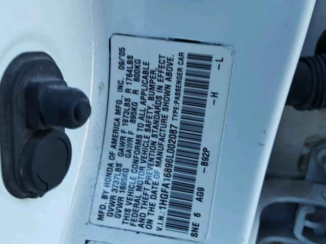 1HGFA16896L002087 - 2006 HONDA CIVIC EX WHITE photo 10