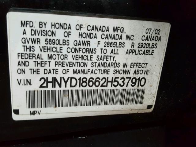 2HNYD18662H537910 - 2002 ACURA MDX TOURIN BLACK photo 10