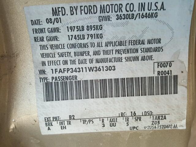 1FAFP34311W361303 - 2001 FORD FOCUS SE TAN photo 10