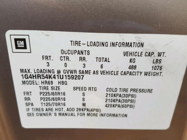 1G4HR54K41U159207 - 2001 BUICK LESABRE LI BROWN photo 10