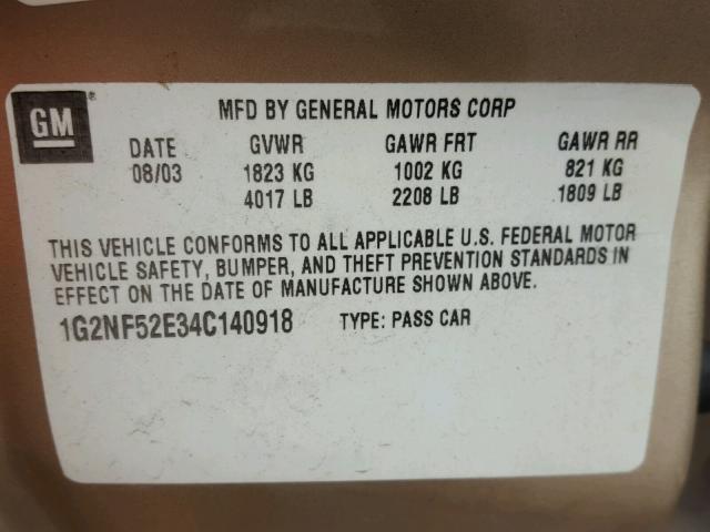 1G2NF52E34C140918 - 2004 PONTIAC GRAND AM S 金色 照片 10