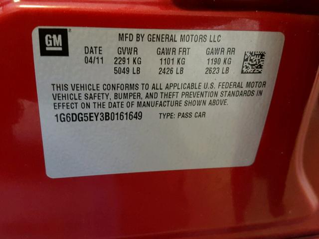 1G6DG5EY3B0161649 - 2011 CADILLAC CTS LUXURY RED photo 10