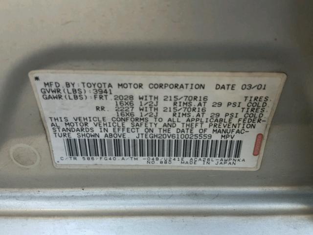 JTEGH20V610025559 - 2001 TOYOTA RAV4 TAN photo 10