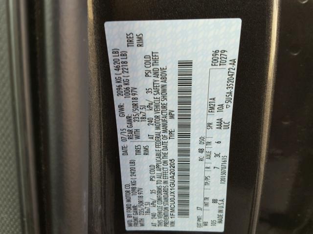 1FMCU0JX1GUA20205 - 2016 FORD ESCAPE TIT GRAY photo 10