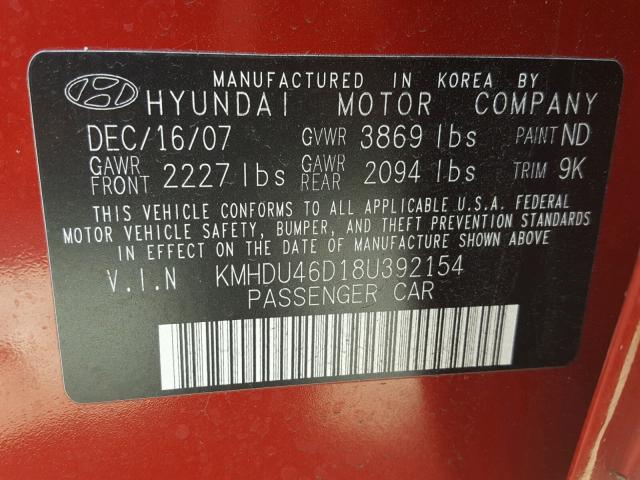 KMHDU46D18U392154 - 2008 HYUNDAI ELANTRA GL RED photo 10