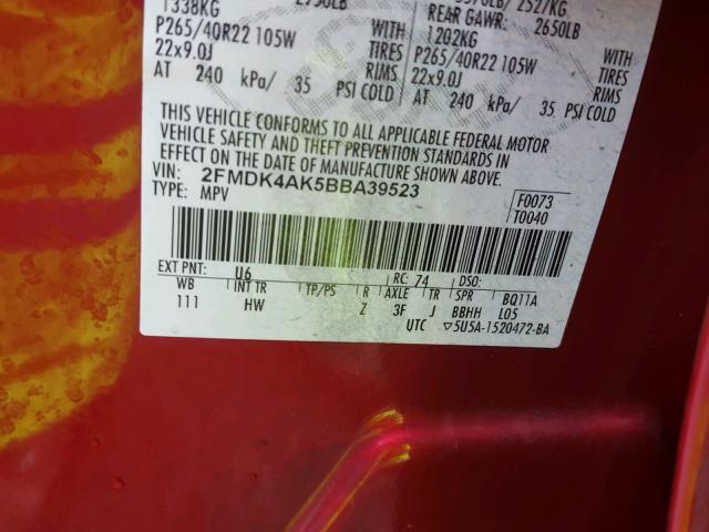 2FMDK4AK5BBA39523 - 2011 FORD EDGE SPORT RED photo 10