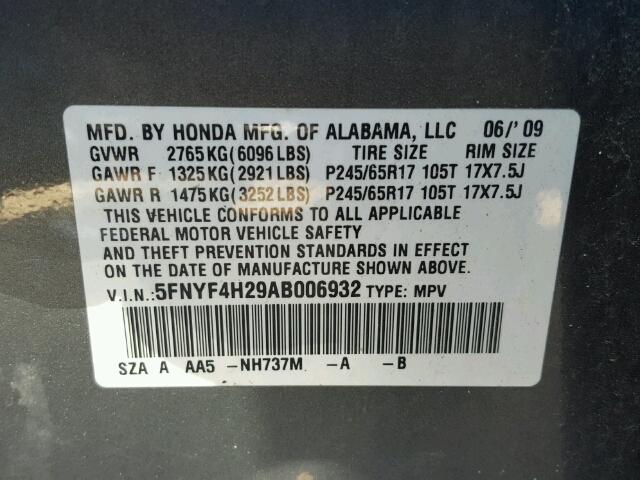 5FNYF4H29AB006932 - 2010 HONDA PILOT LX GRAY photo 10