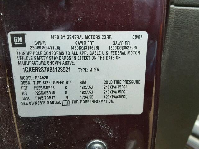 1GKER237X8J128921 - 2008 GMC ACADIA SLT მუქწითელი ფოტო 10