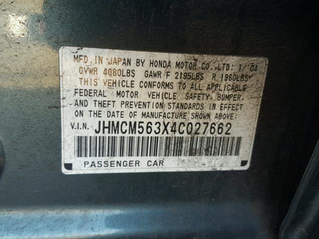 JHMCM563X4C027662 - 2004 HONDA ACCORD LX GREEN photo 10