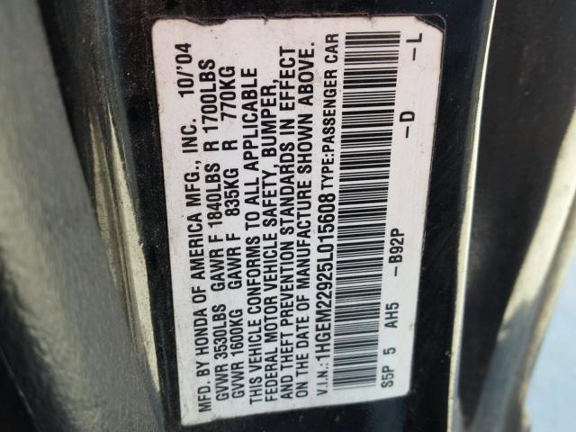 1HGEM22925L015608 - 2005 HONDA CIVIC EX შავი ფოტო 10