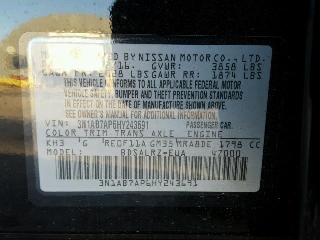 3N1AB7AP6HY243691 - 2017 NISSAN SENTRA S BLACK photo 10