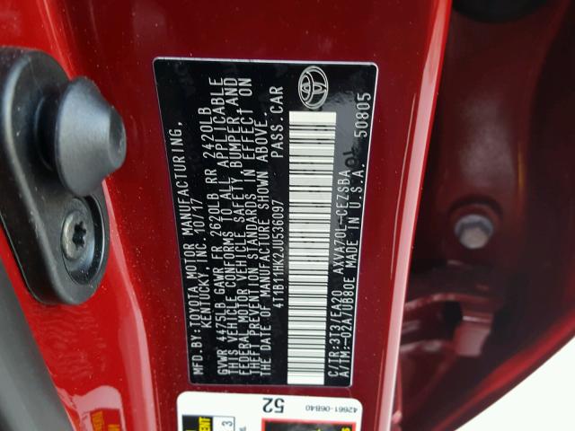 4T1B11HK2JU536097 - 2018 TOYOTA CAMRY L RED photo 10