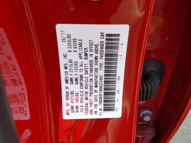 1HGCR2F18HA223490 - 2017 HONDA ACCORD SPO RED photo 10