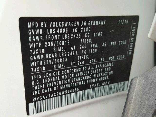 WVGAV7AX7GW564385 - 2016 VOLKSWAGEN TIGUAN S WHITE photo 10