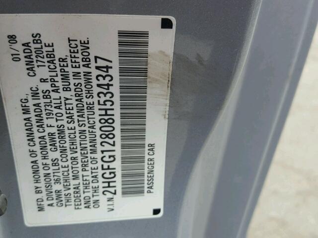 2HGFG12808H534347 - 2008 HONDA CIVIC EX 银色 照片 10