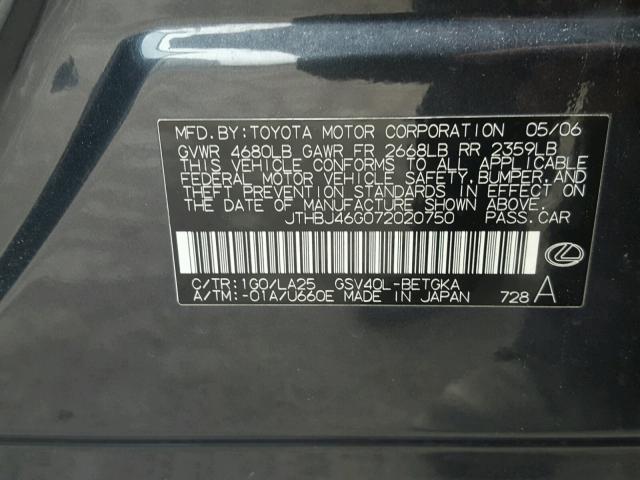 JTHBJ46G072020750 - 2007 LEXUS ES 350 GRAY photo 10