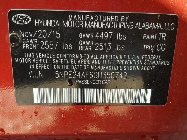 5NPE24AF6GH350742 - 2016 HYUNDAI SONATA SE RED photo 10