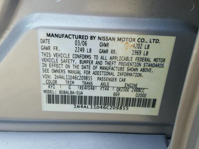 1N4AL11D46C209855 - 2006 NISSAN ALTIMA S SILVER photo 10