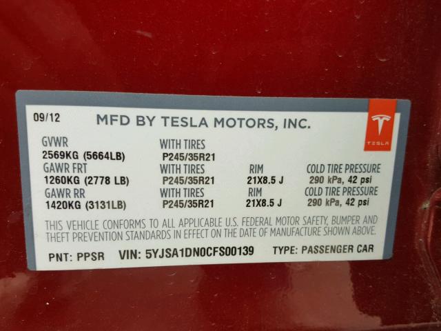 5YJSA1DN0CFS00139 - 2012 TESLA MODEL S RED photo 10