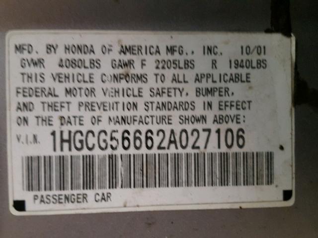 1HGCG56662A027106 - 2002 HONDA ACCORD EX SILVER photo 10