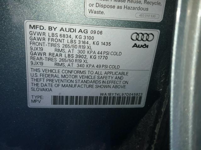 WA1BY74L97D045823 - 2007 AUDI Q7 3.6 QUA BLUE photo 10