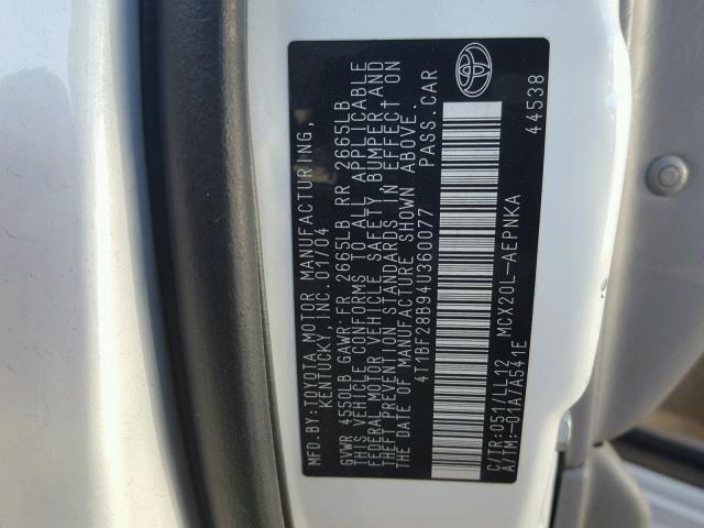 4T1BF28B94U360077 - 2004 TOYOTA AVALON XL WHITE photo 10