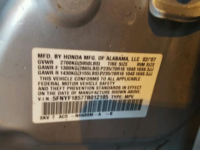 5FNYF18577B012195 - 2007 HONDA PILOT EXL SILVER photo 10