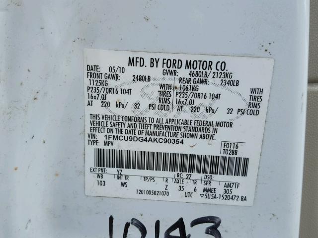 1FMCU9DG4AKC90354 - 2010 FORD ESCAPE XLT WHITE photo 10