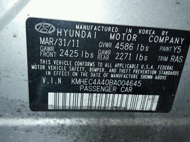 KMHEC4A40BA004645 - 2011 HYUNDAI SONATA HYB SILVER photo 10