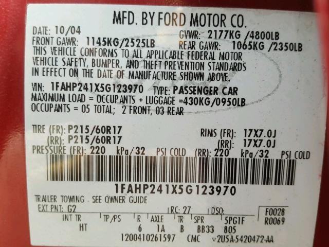 1FAHP241X5G123970 - 2005 FORD FIVE HUNDR RED photo 10