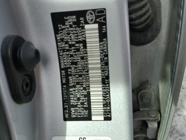 2T1BU4EE1CC855812 - 2012 TOYOTA COROLLA BA SILVER photo 10