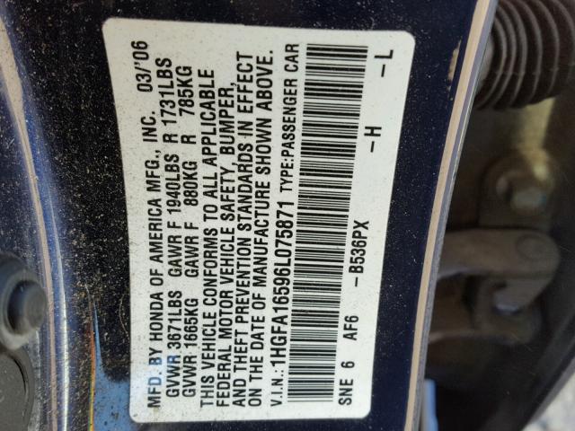 1HGFA16596L075871 - 2006 HONDA CIVIC LX BLUE photo 10