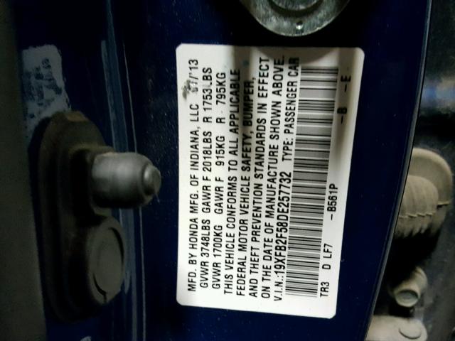 19XFB2F58DE257732 - 2013 HONDA CIVIC LX BLUE photo 10