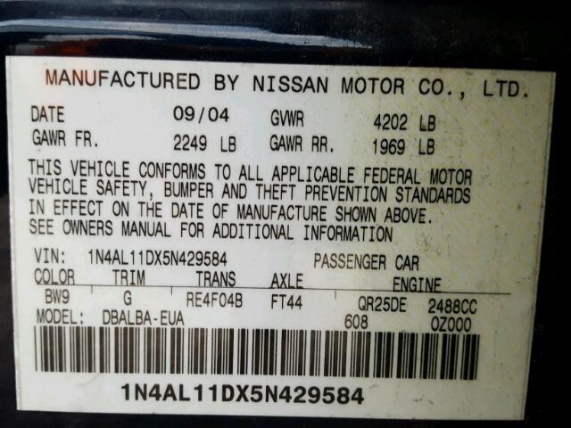 1N4AL11DX5N429584 - 2005 NISSAN ALTIMA S BLUE photo 10