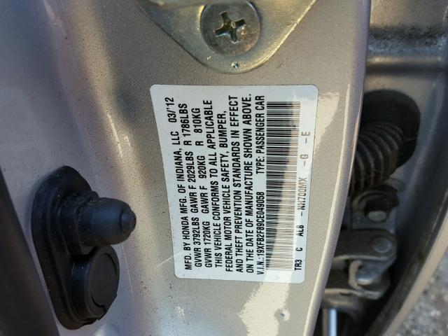 19XFB2F89CE049058 - 2012 HONDA CIVIC EX SILVER photo 10