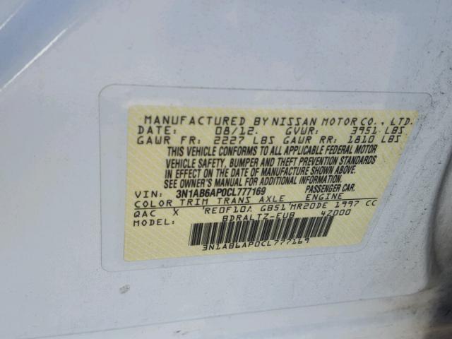 3N1AB6AP0CL777169 - 2012 NISSAN SENTRA 2.0 WHITE photo 10