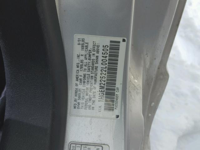 1HGEM22522L004505 - 2002 HONDA CIVIC LX SILVER photo 10