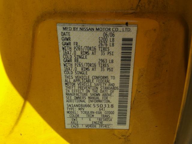 5N1AN08U66C550318 - 2006 NISSAN XTERRA OFF YELLOW photo 10