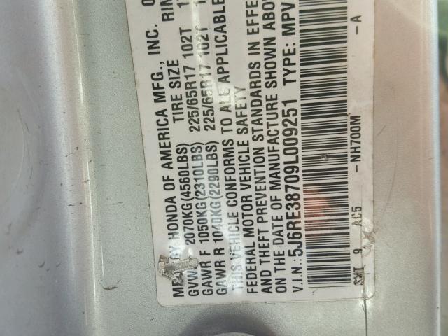 5J6RE38709L009251 - 2009 HONDA CR-V EXL SILVER photo 10