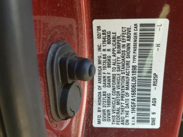 1HGFA16806L061898 - 2006 HONDA CIVIC EX BURGUNDY photo 10