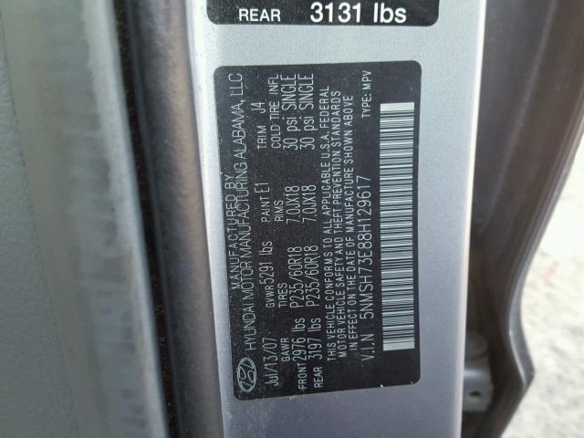 5NMSH73E88H129617 - 2008 HYUNDAI SANTA FE S SILVER photo 10