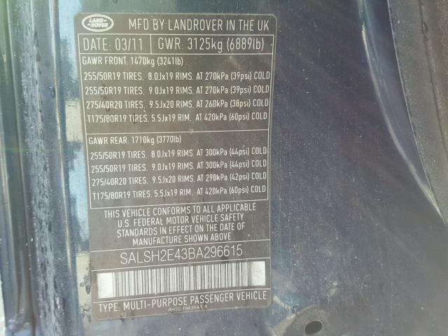 SALSH2E43BA296615 - 2011 LAND ROVER RANGE ROVE BLUE photo 10