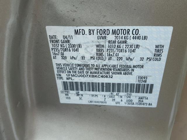 1FMCU0D7XBKC40832 - 2011 FORD ESCAPE XLT GOLD photo 10