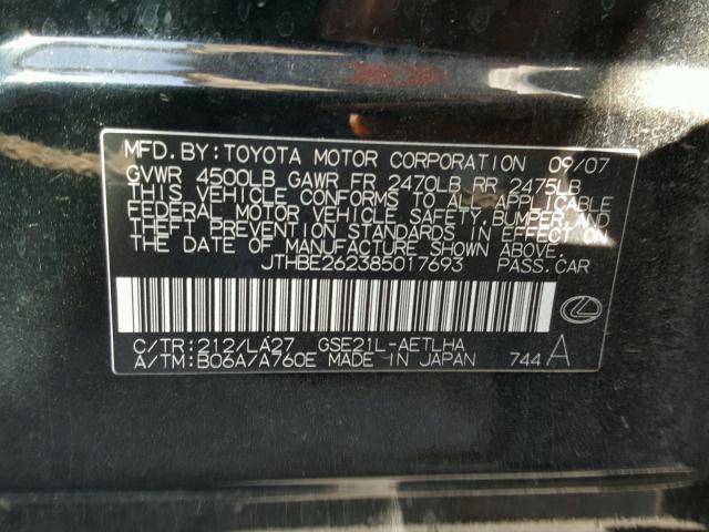 JTHBE262385017693 - 2008 LEXUS IS 350 BLACK photo 10