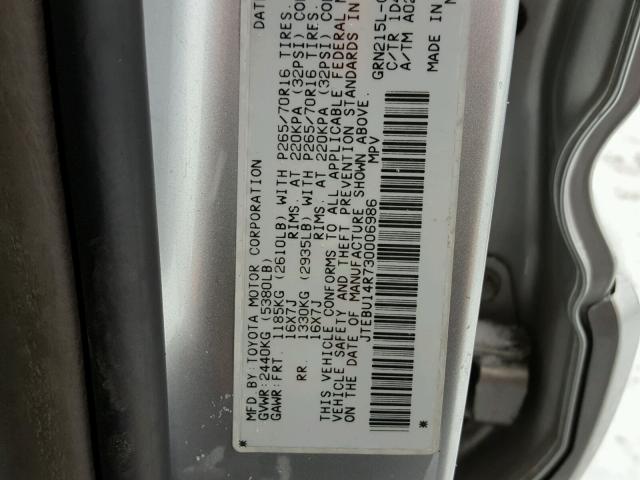 JTEBU14R730006986 - 2003 TOYOTA 4RUNNER SR SILVER photo 10