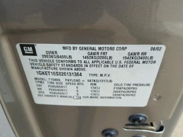 1GKET16S026131364 - 2002 GMC ENVOY XL GOLD photo 10