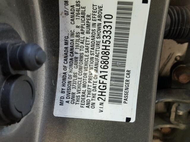 2HGFA16808H533310 - 2008 HONDA CIVIC EX ნაცრისფერი ფოტო 10