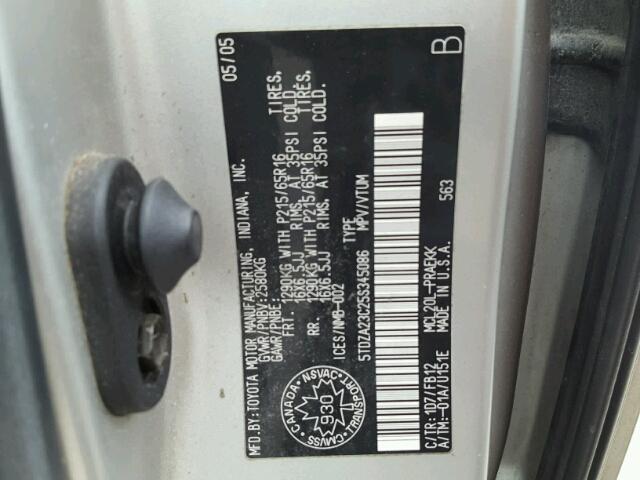 5TDZA23C25S345086 - 2005 TOYOTA SIENNA CE SILVER photo 10