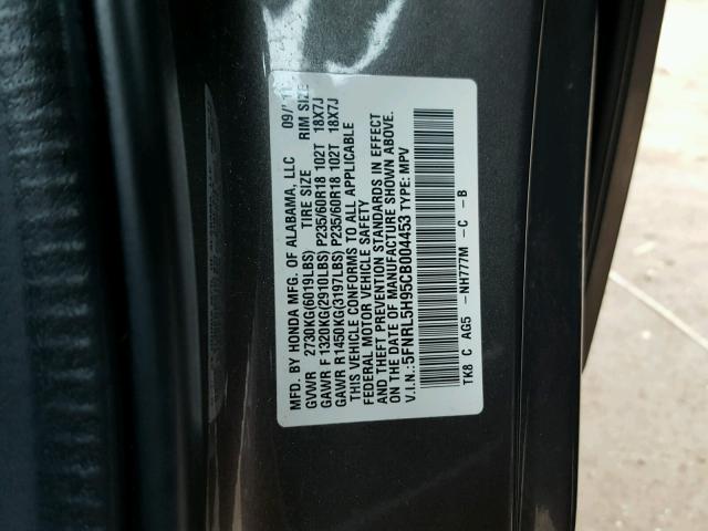 5FNRL5H95CB004453 - 2012 HONDA ODYSSEY TO GRAY photo 10